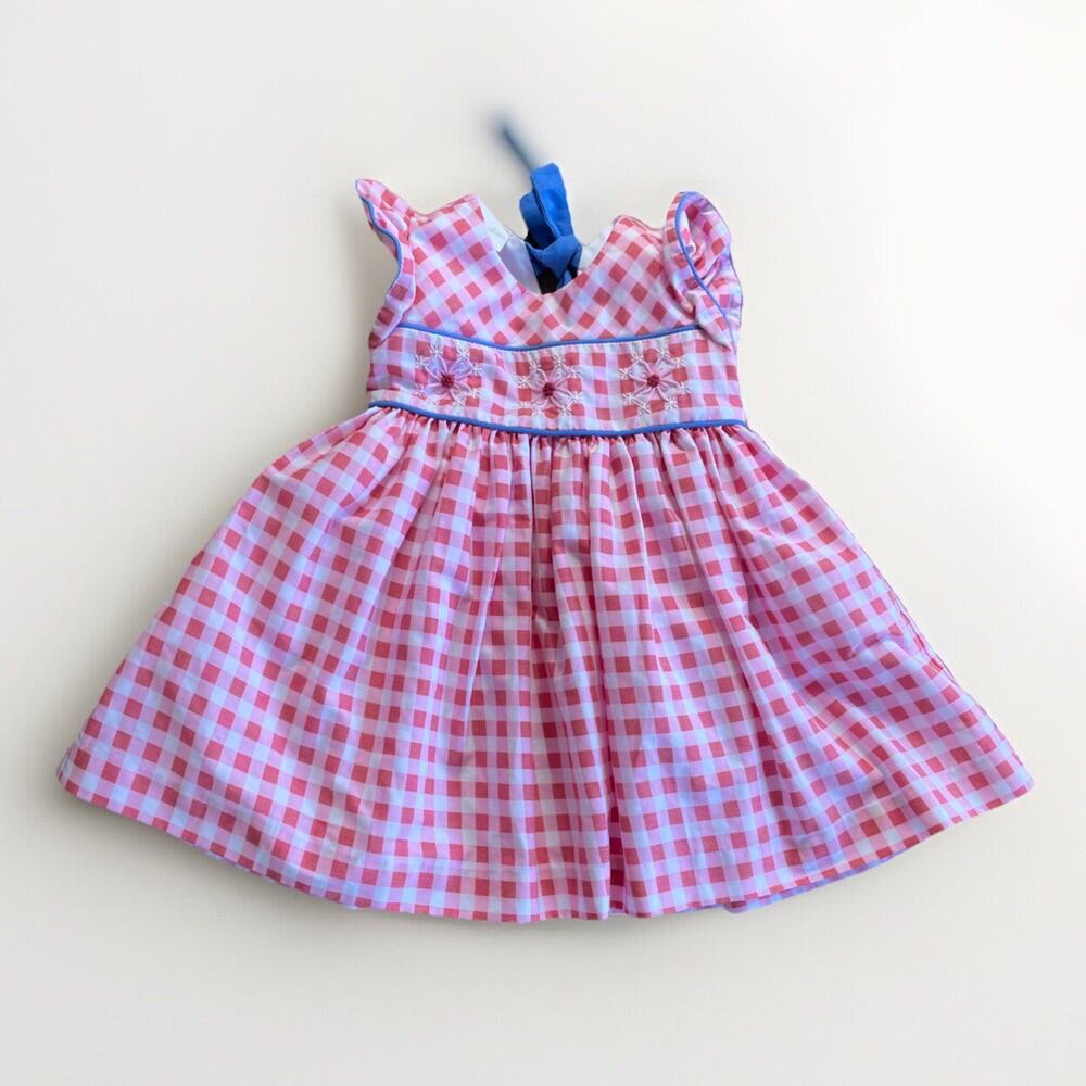 Bordino Plaid Check Dress Girl's Size 12 M Tie Waist & Back Fully Lined Pink Red
